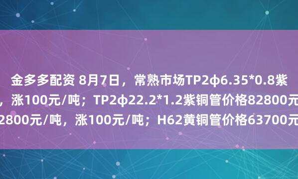 金多多配资 8月7日，常熟市场TP2φ6.35*0.8紫铜管价格81800元/吨，涨100元/吨；TP2φ22.2*1.2紫铜管价格82800元/吨，涨100元/吨；H62黄铜管价格63700元/吨，涨100元/吨。